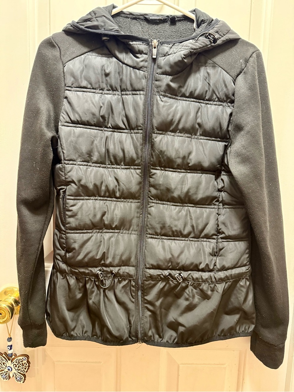 BCBGMAXAZRIA Black Quilted Mixed Media Peplum Hooded Jacket Size M